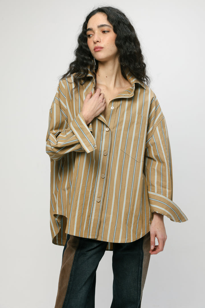 Wide Camel Striped Buttoned Shirt