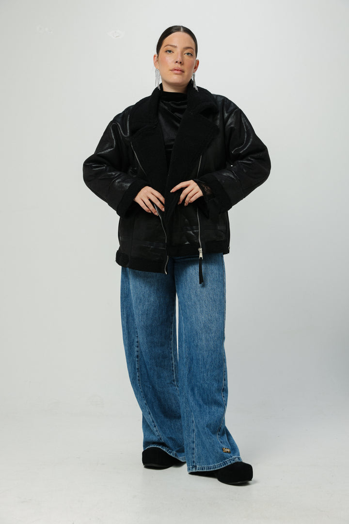 מעיל דמוי עור שחור מידות גדולות Faux Leather Black Coat