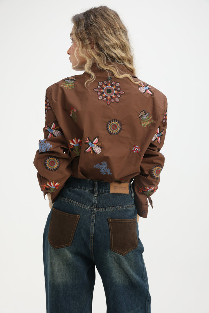 Embroidered Brown Buttoned Shirt