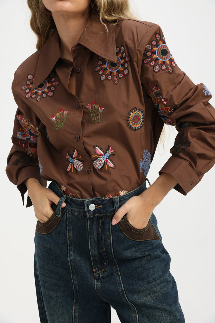 Embroidered Brown Buttoned Shirt