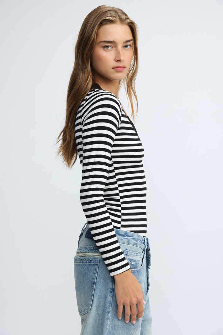 Mysterious black striped shirt with black and white horizontal stripes long-sleeved top and rounded neckline front view
