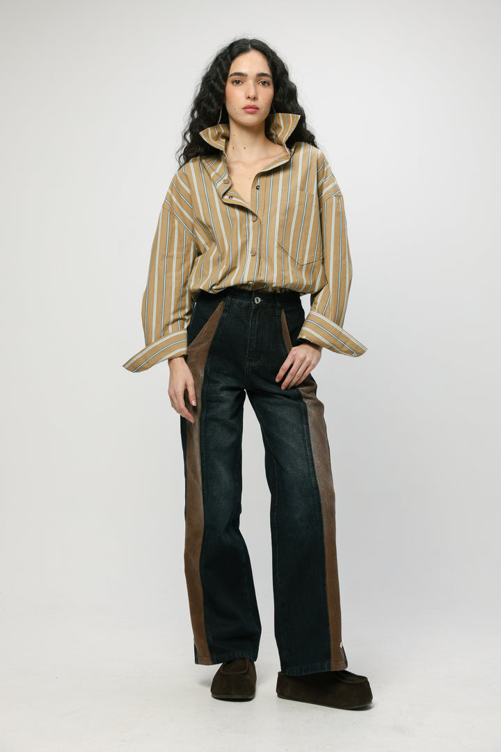 Wide Camel Striped Buttoned Shirt