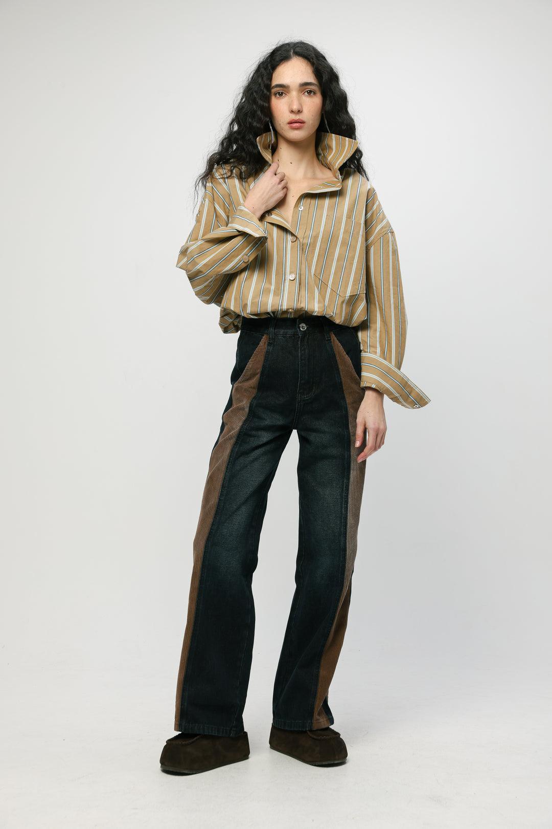 Wide Camel Striped Buttoned Shirt