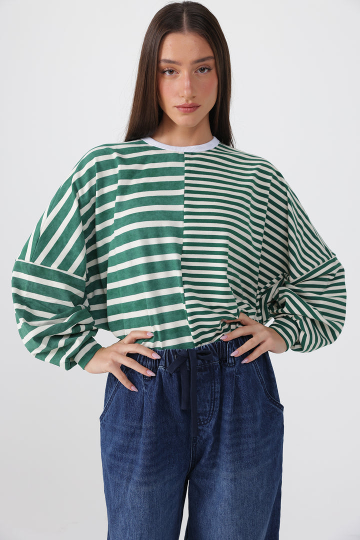 Halves Green&White Striped Shirt