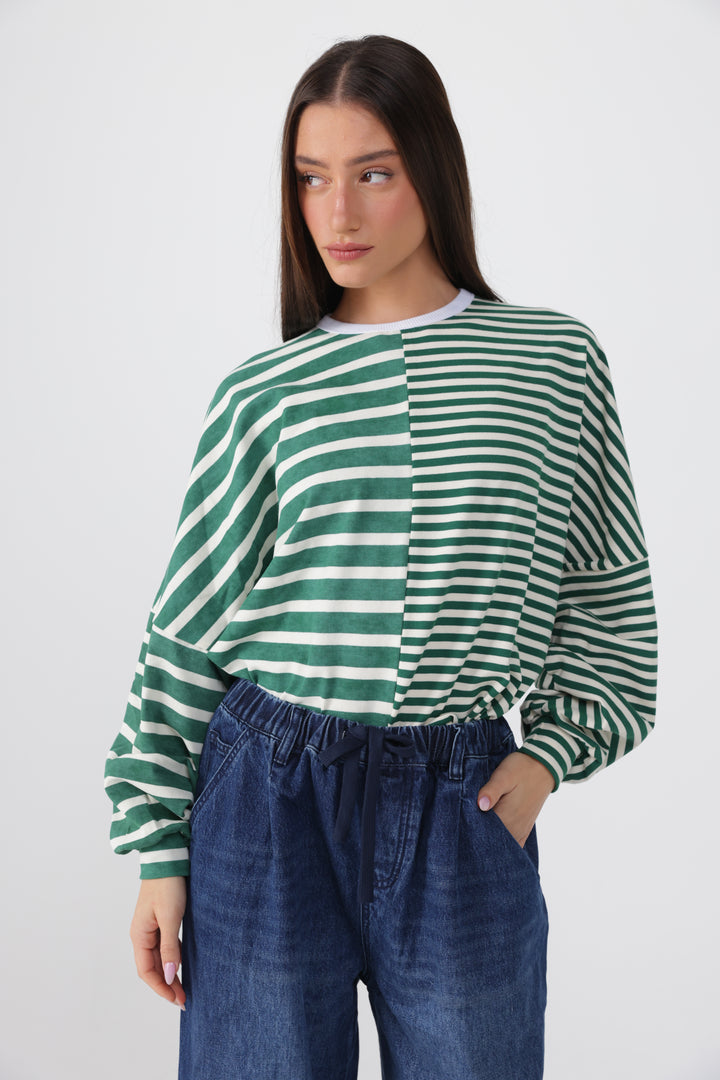 Halves Green&White Striped Shirt