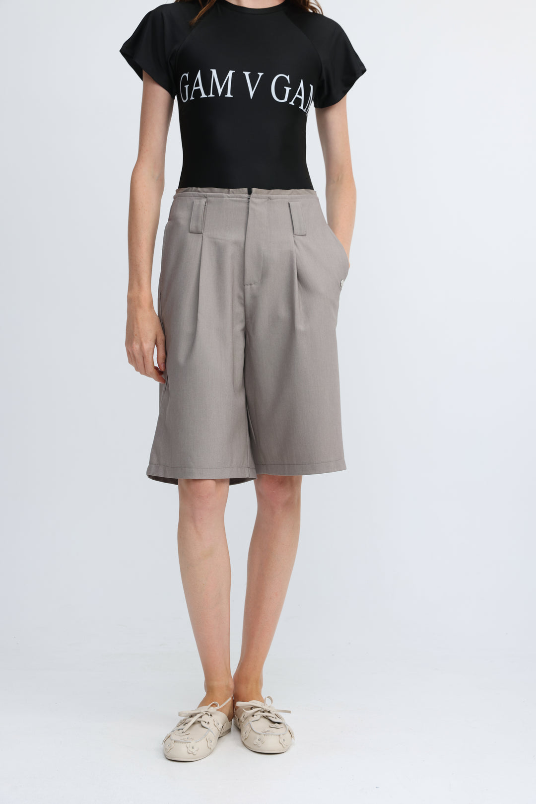 Pleated Tailored Grey Bermuda Shorts