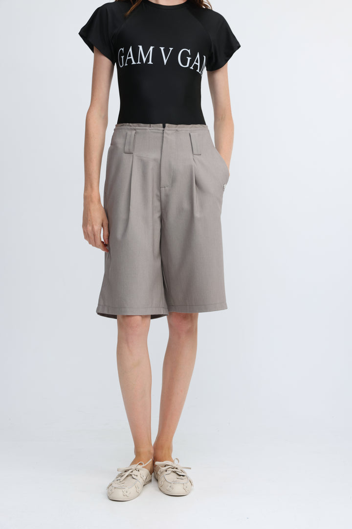 Pleated Tailored Grey Bermuda Shorts