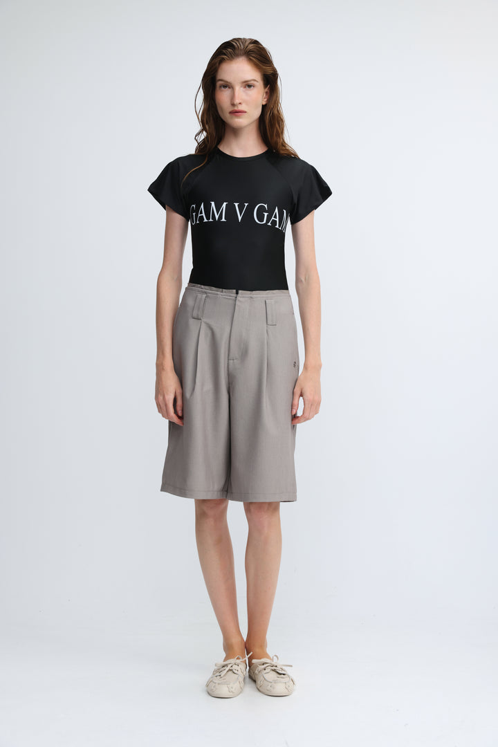 Pleated Tailored Grey Bermuda Shorts