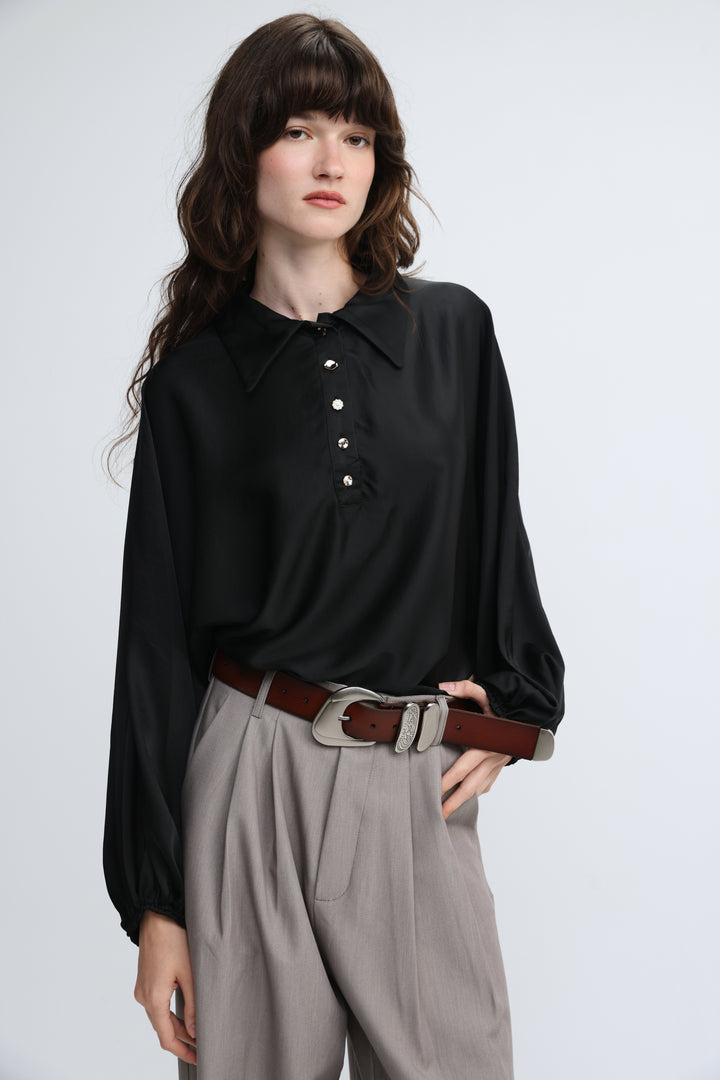 Draped Satin Black Polo