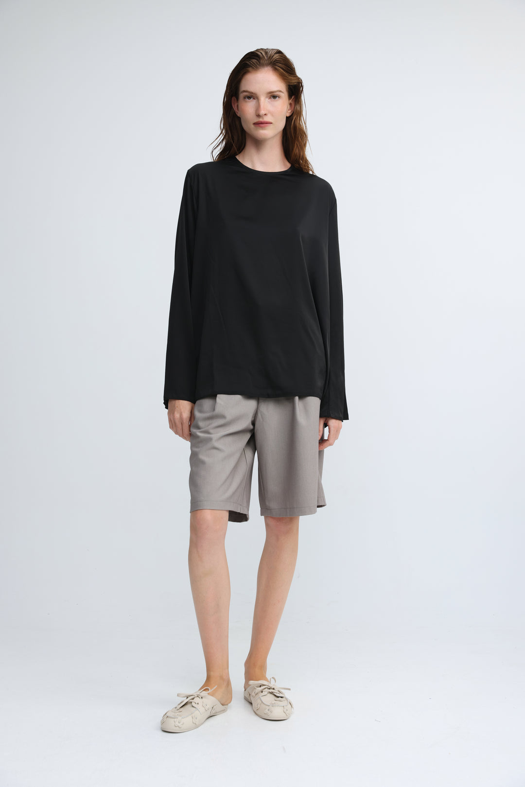 Draped Satin Black Open Back Blouse