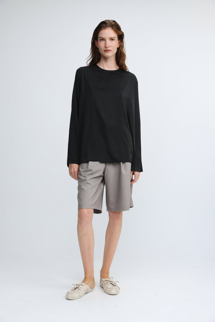 Draped Satin Black Open Back Blouse
