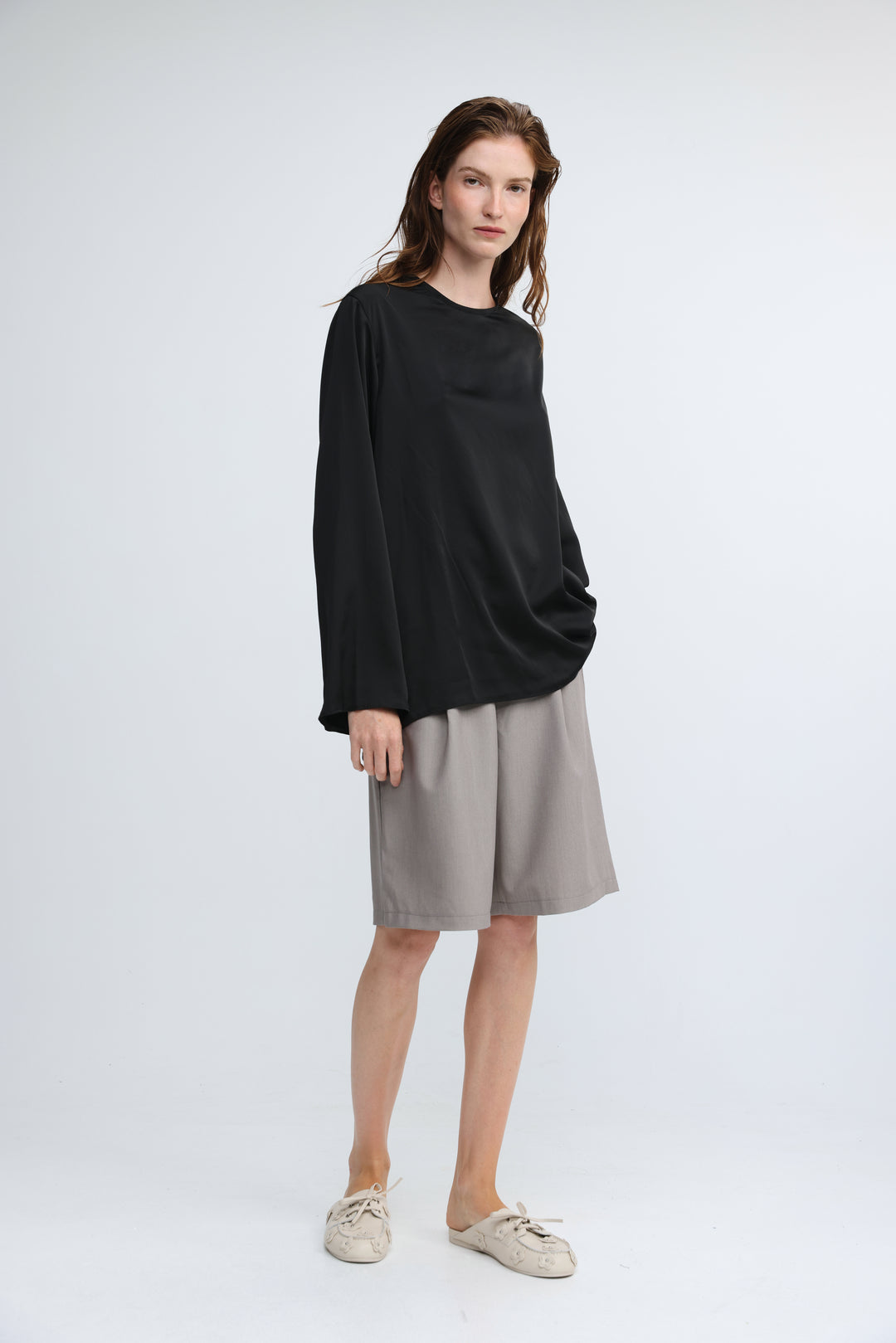 Draped Satin Black Open Back Blouse