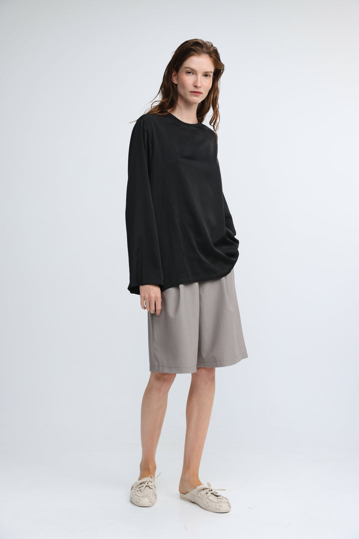 Draped Satin Black Open Back Blouse