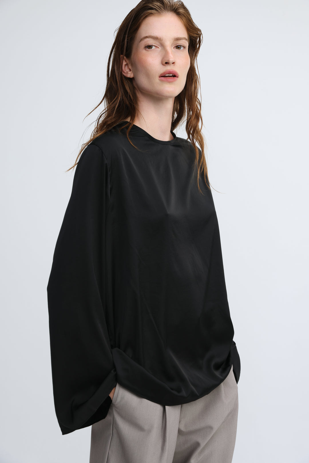 Draped Satin Black Open Back Blouse