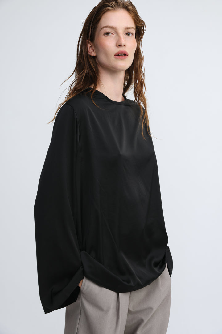 Draped Satin Black Open Back Blouse