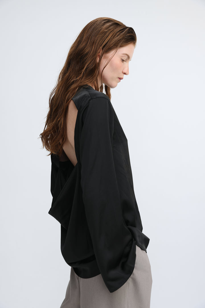 Draped Satin Black Open Back Blouse