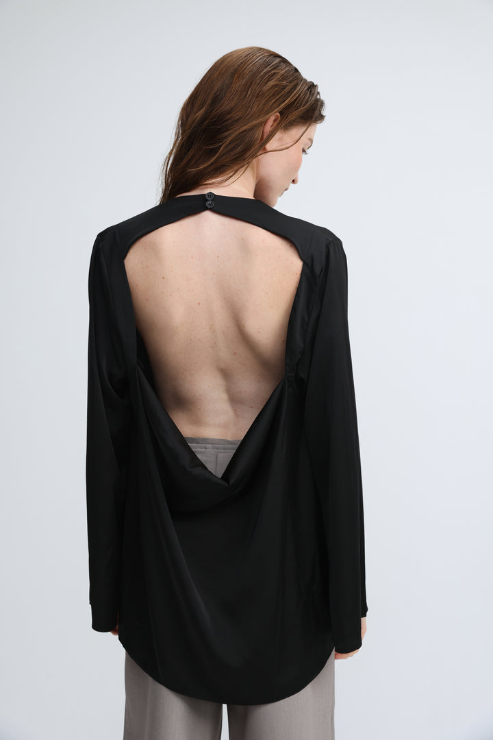 Draped Satin Black Open Back Blouse