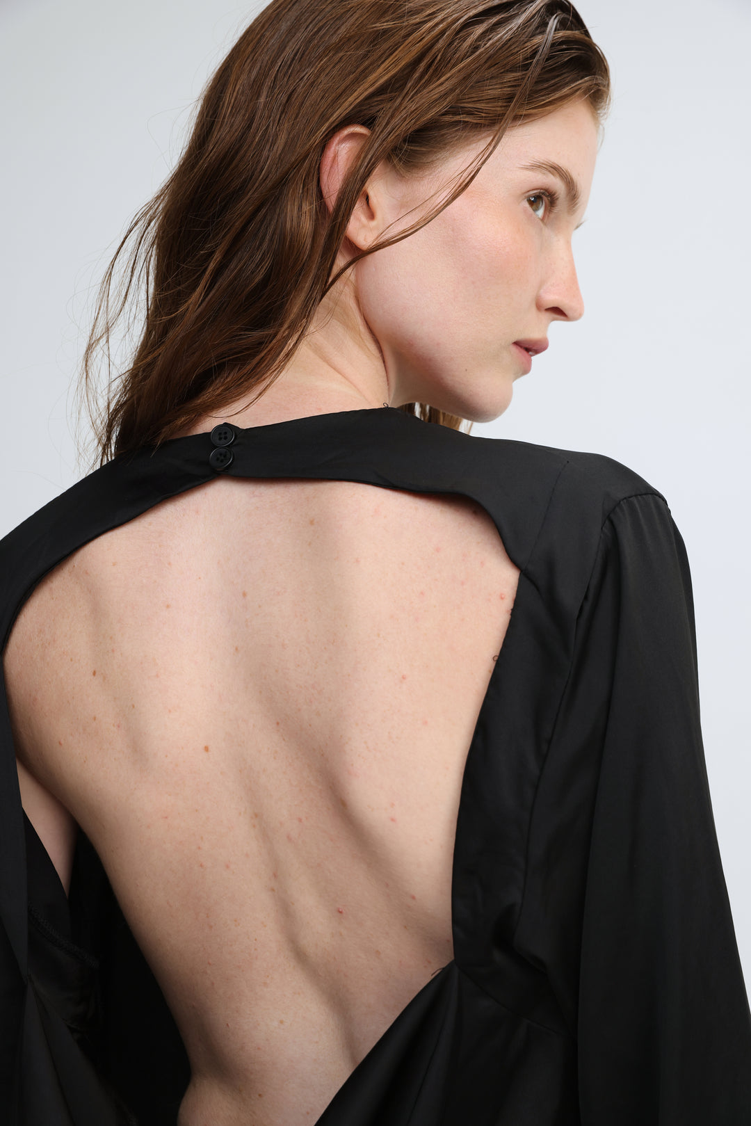 Draped Satin Black Open Back Blouse