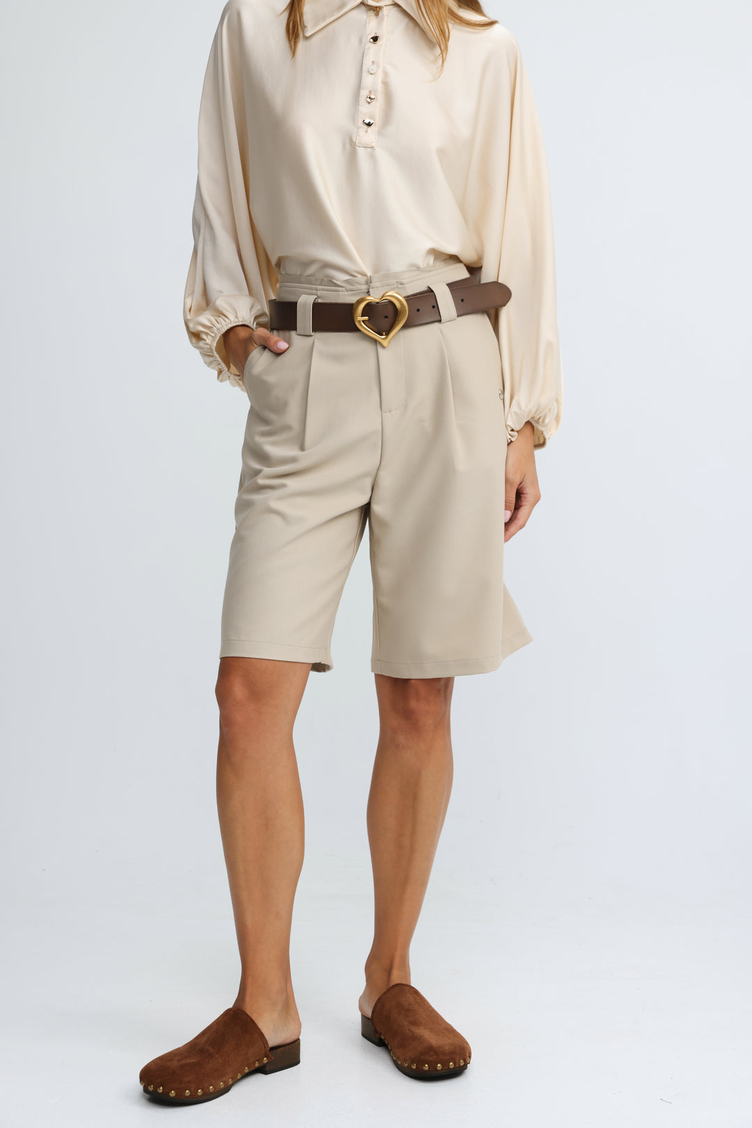 Pleated Tailored Beige Bermuda Shorts