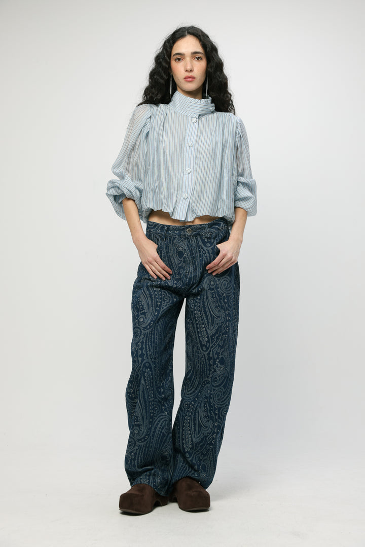 Light Blue Striped Balloon Blouse