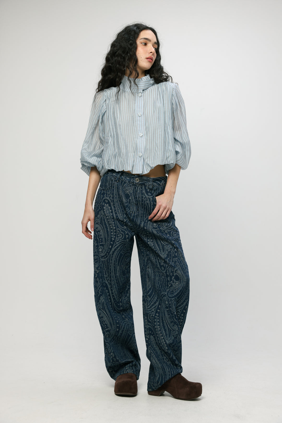 Light Blue Striped Balloon Blouse