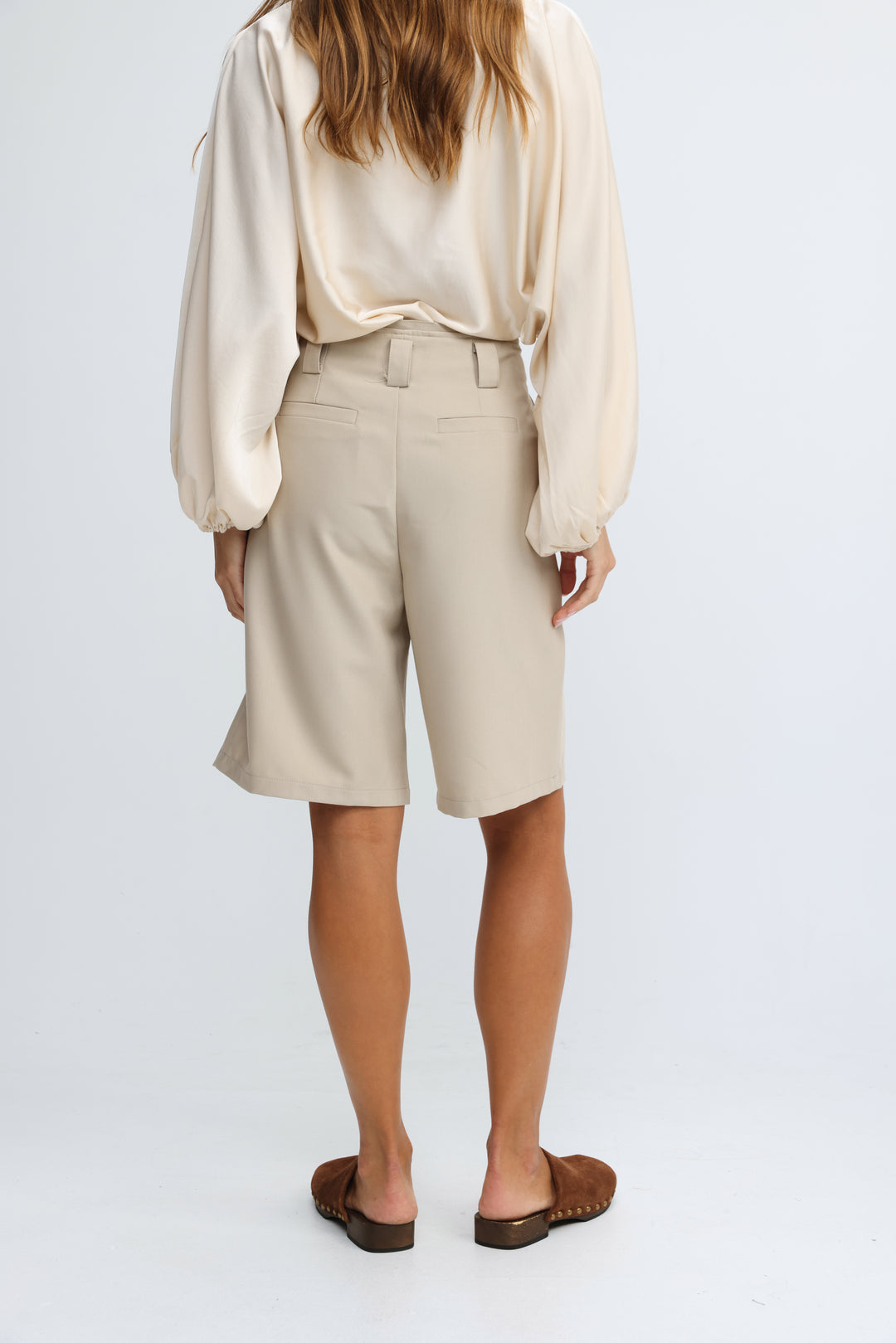 Pleated Tailored Beige Bermuda Shorts