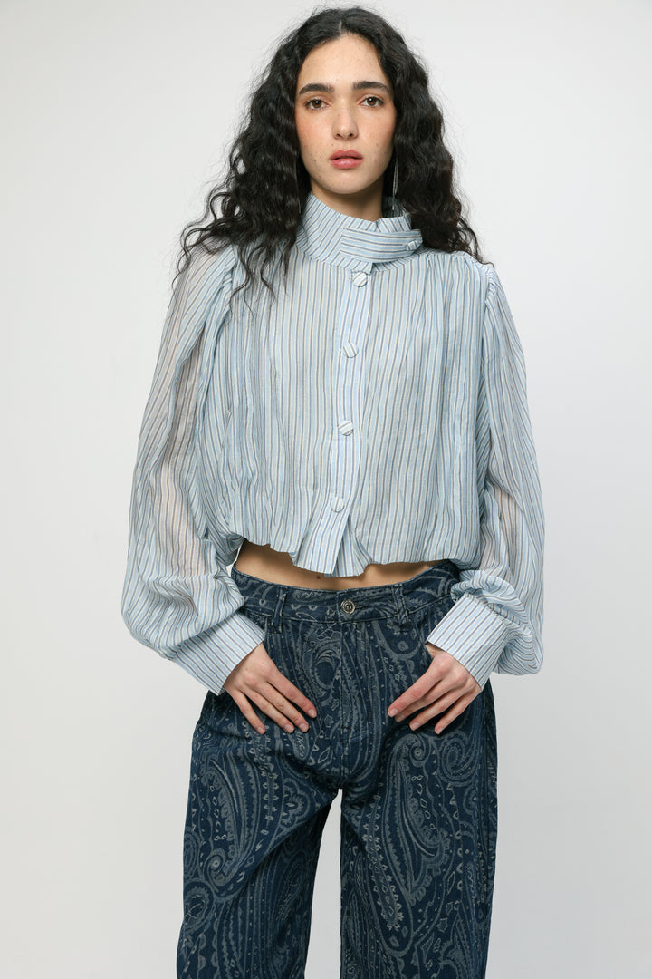 Light Blue Striped Balloon Blouse