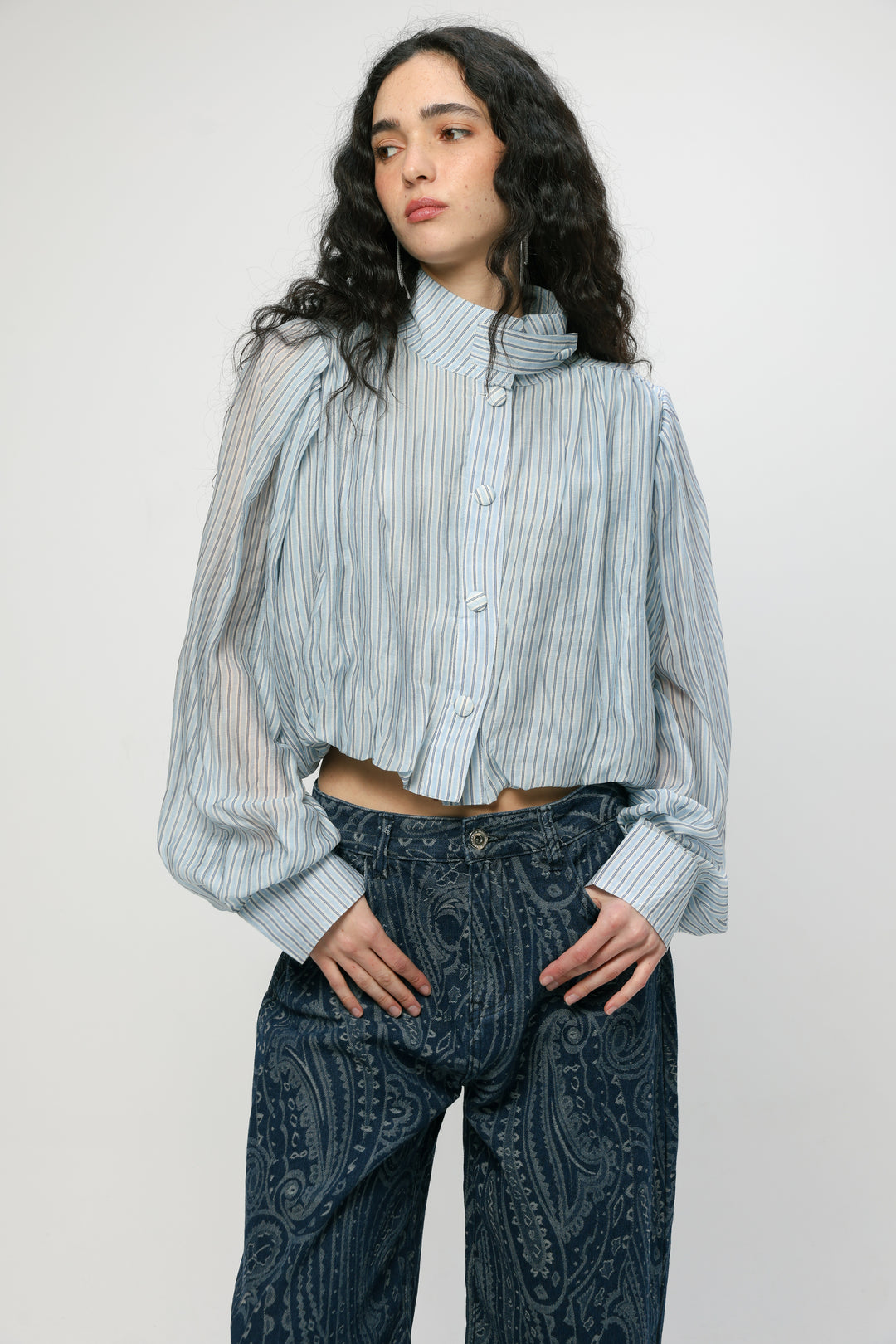Light Blue Striped Balloon Blouse