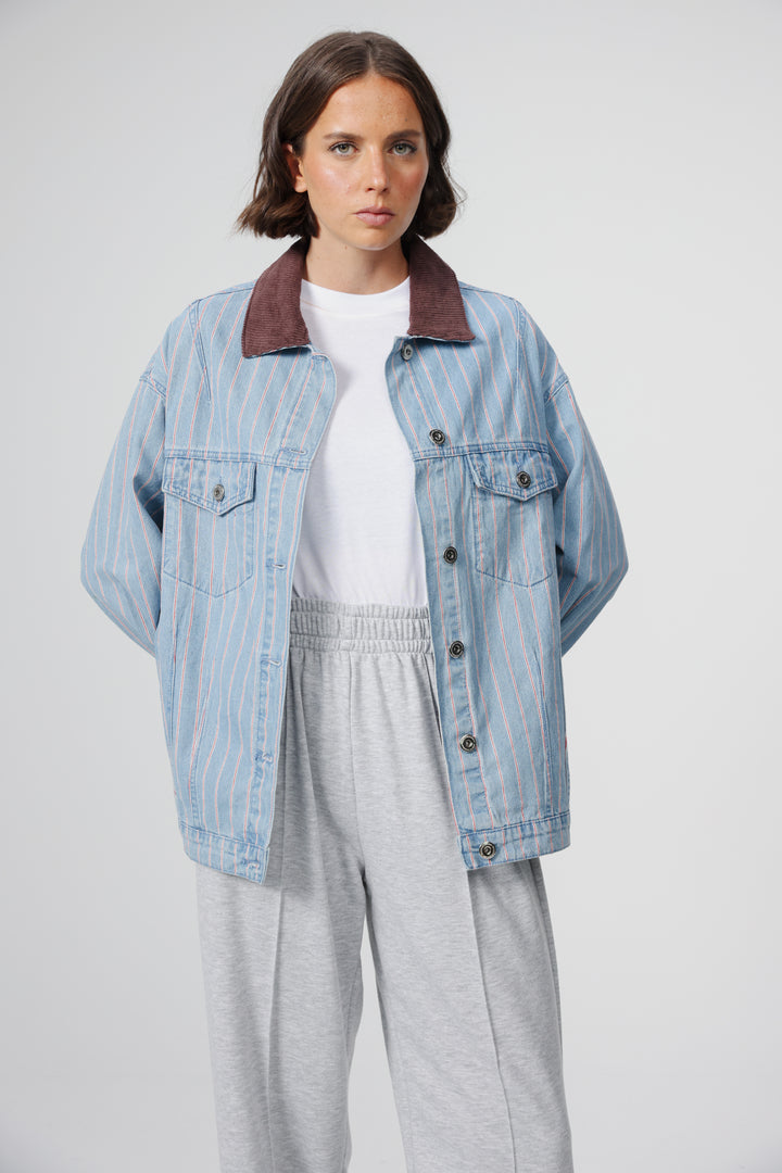 Corduroy Mixed Blue Striped Denim Jacket