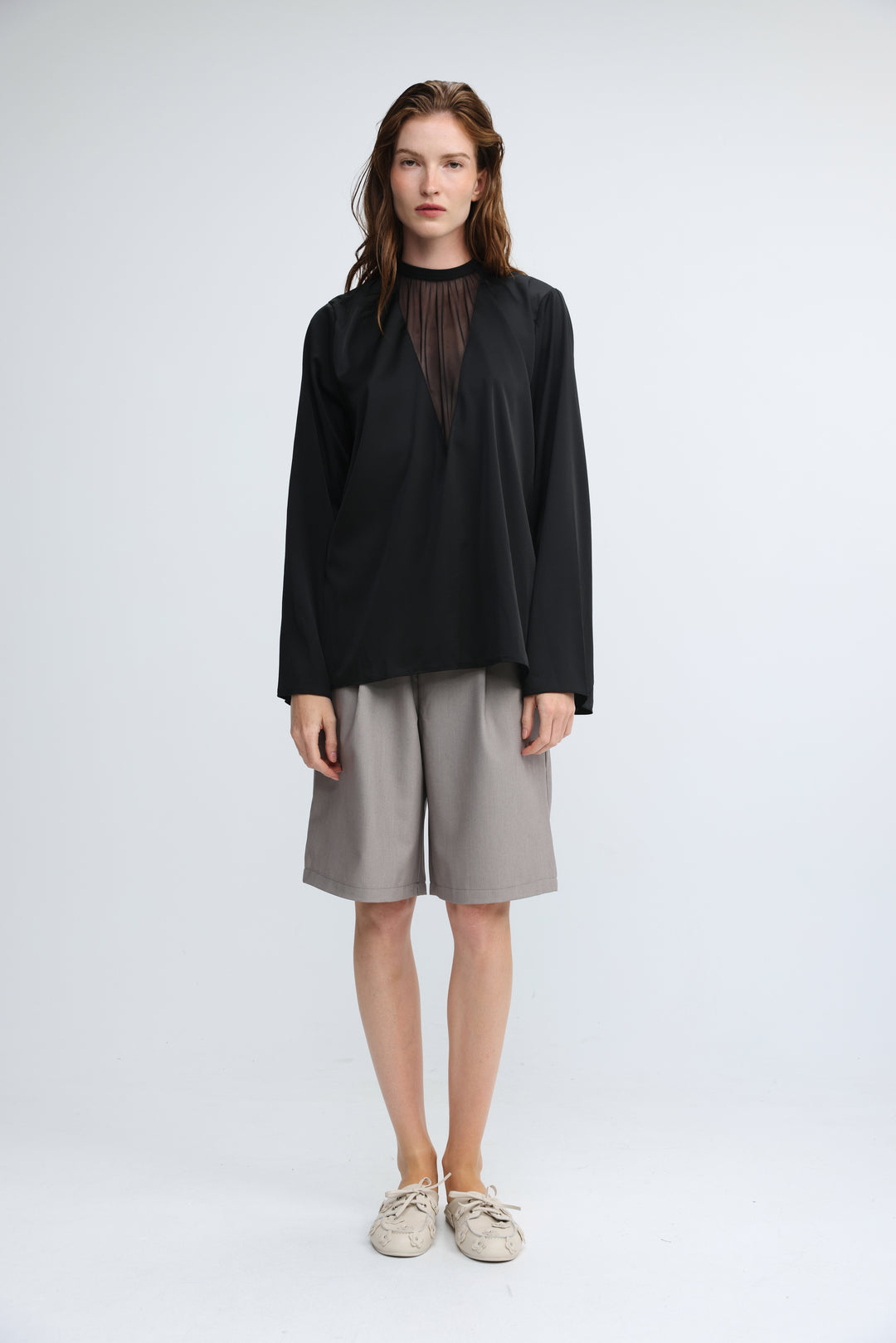 Draped Satin Black V Mesh Blouse