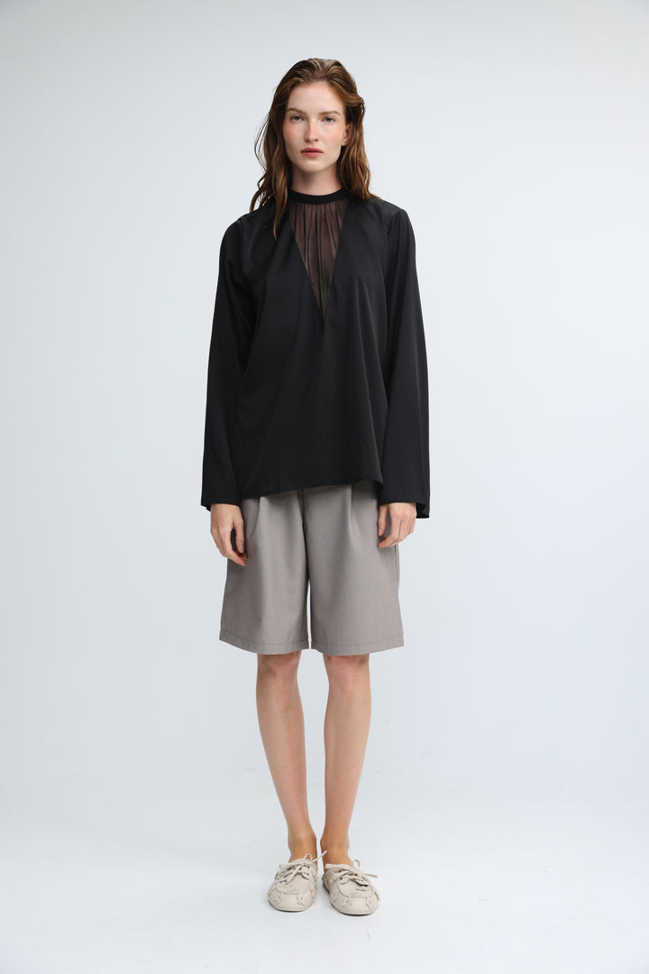 Draped Satin Black V Mesh Blouse