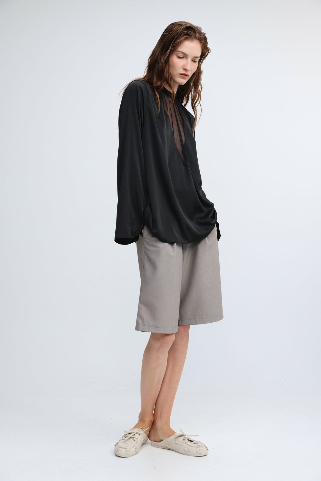 Draped Satin Black V Mesh Blouse
