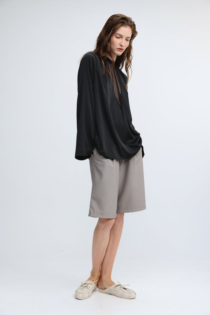 Draped Satin Black V Mesh Blouse