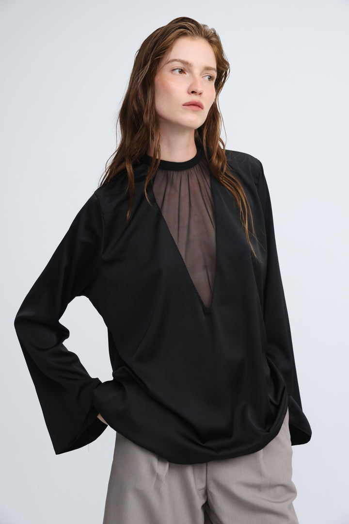 Draped Satin Black V Mesh Blouse