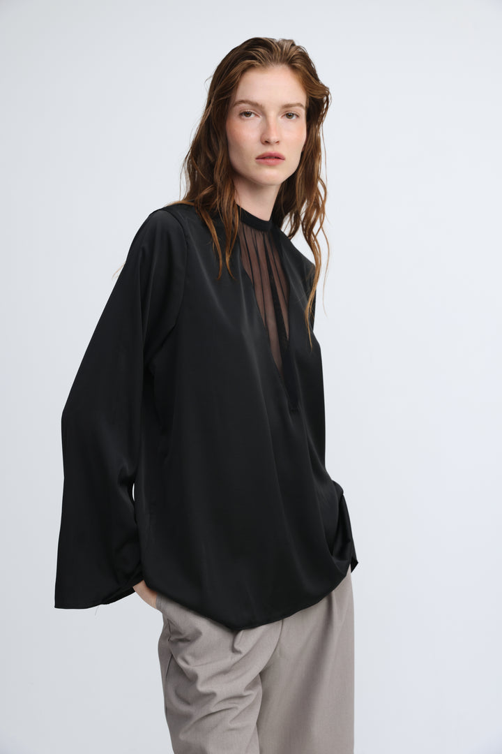 Draped Satin Black V Mesh Blouse