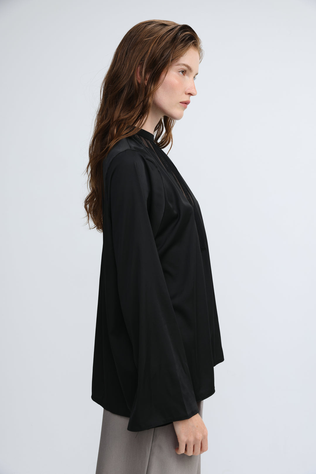 Draped Satin Black V Mesh Blouse