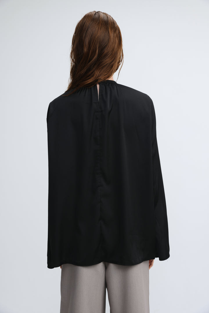 Draped Satin Black V Mesh Blouse