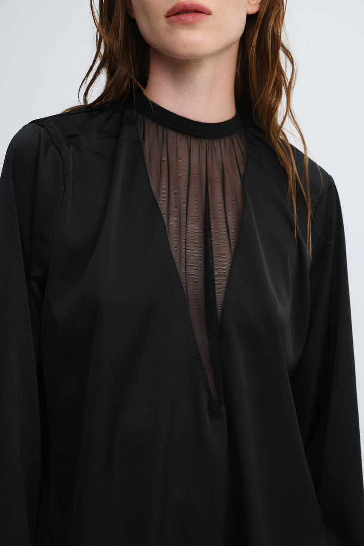 Draped Satin Black V Mesh Blouse