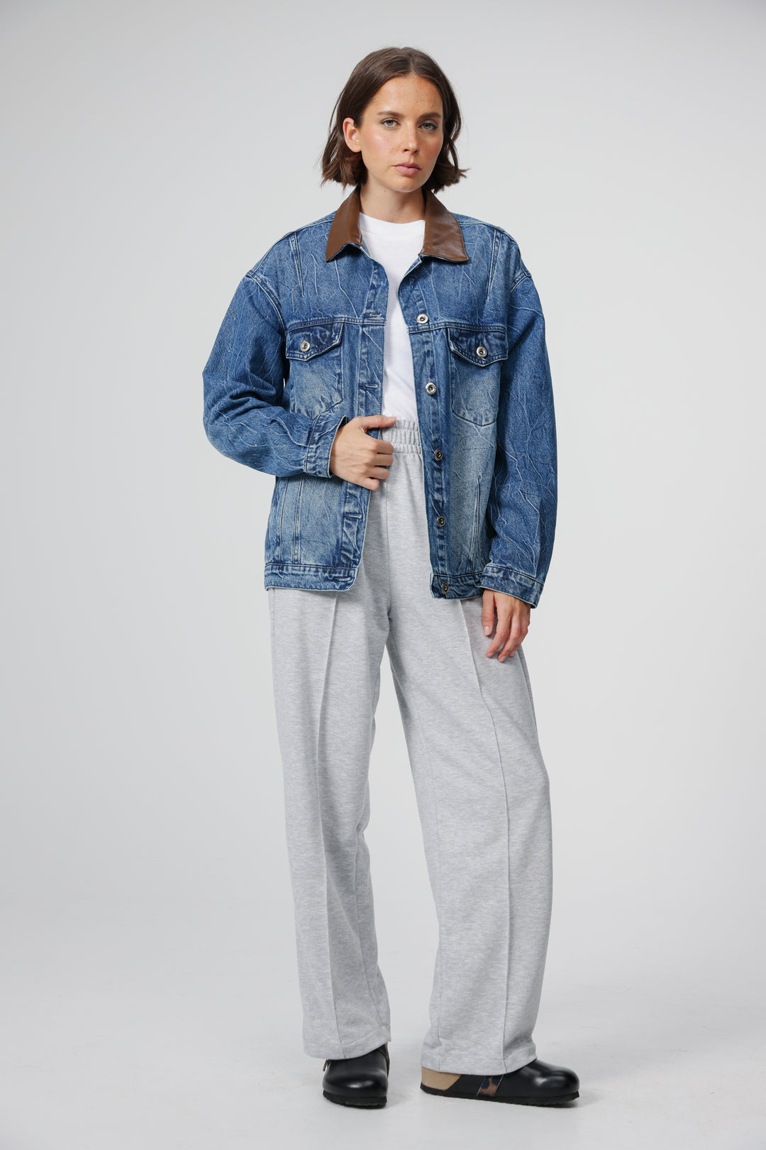 Faux Leather Mixed Blue Denim Jacket