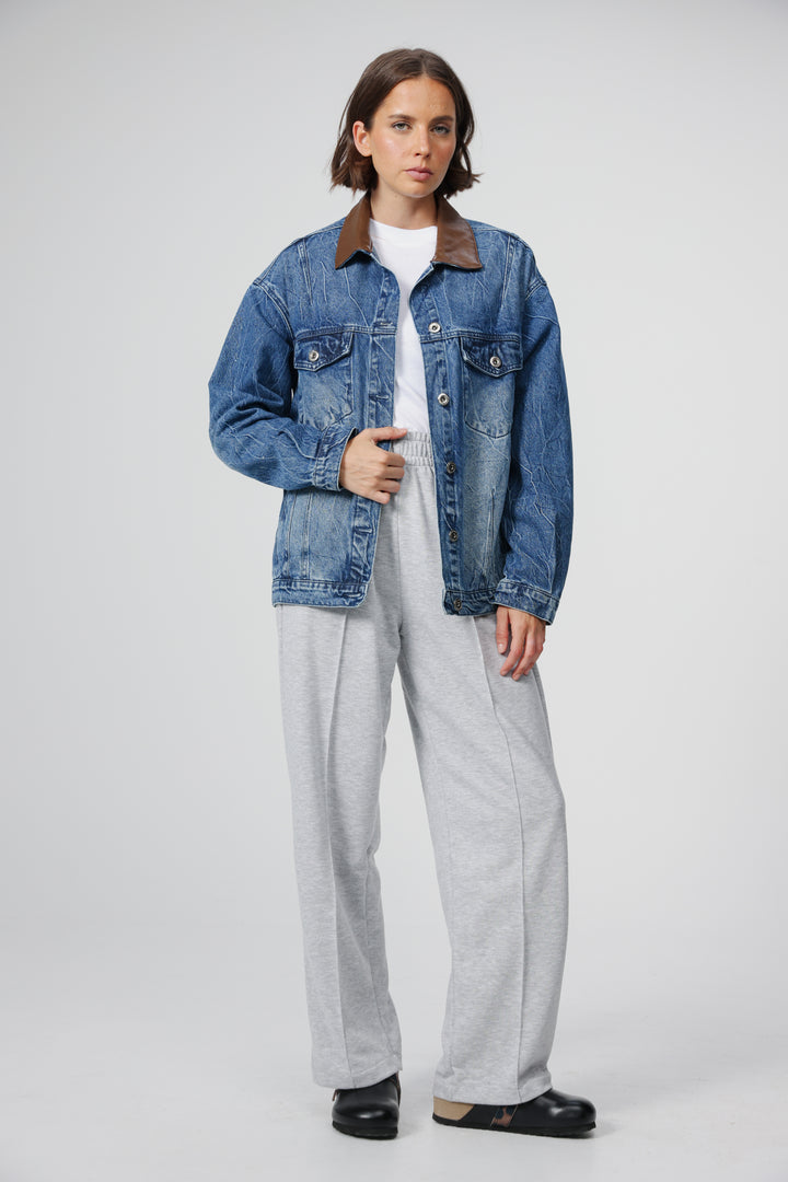 Faux Leather Mixed Blue Denim Jacket