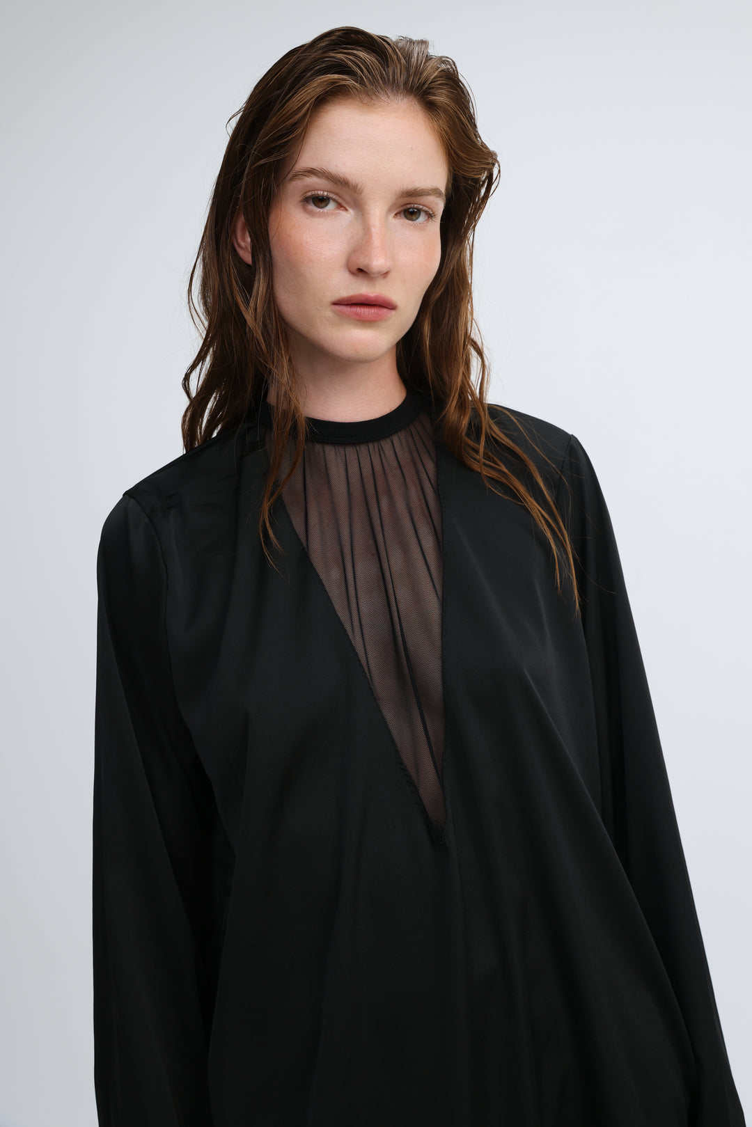 Draped Satin Black V Mesh Blouse