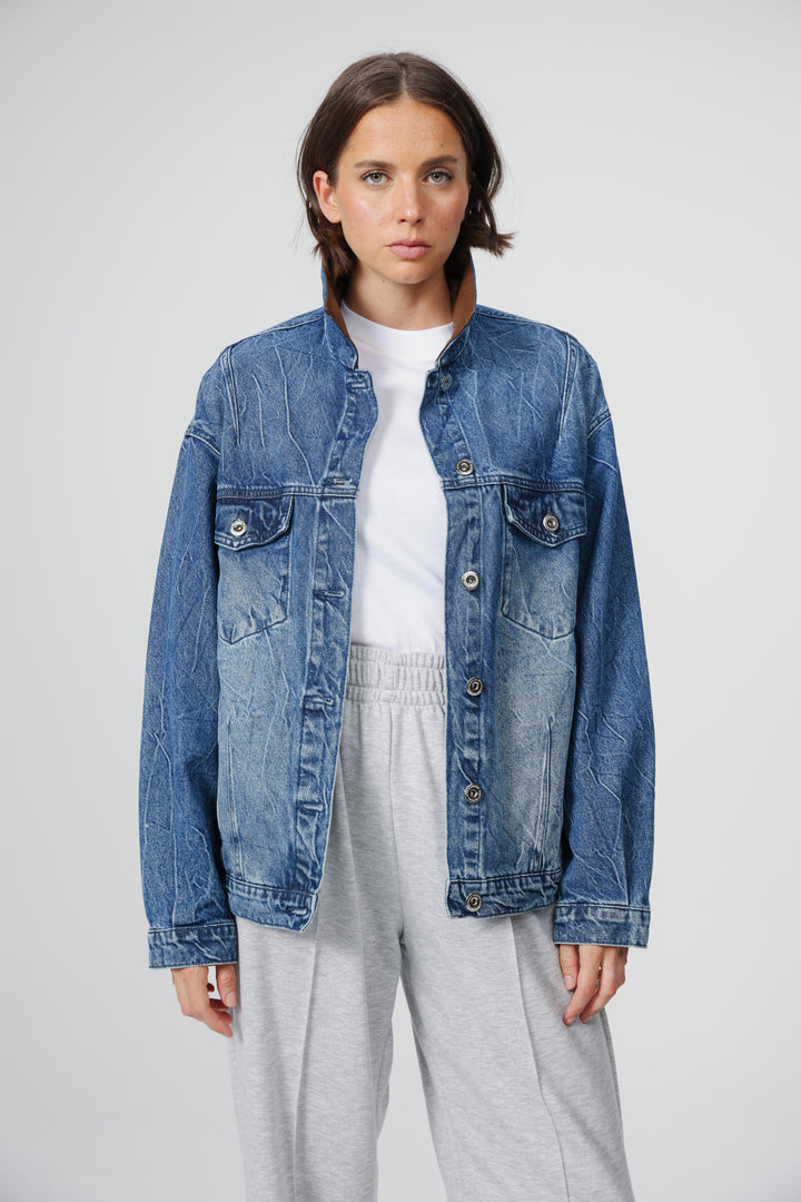 Faux Leather Mixed Blue Denim Jacket