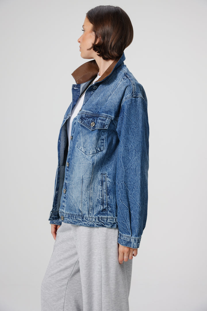 Faux Leather Mixed Blue Denim Jacket