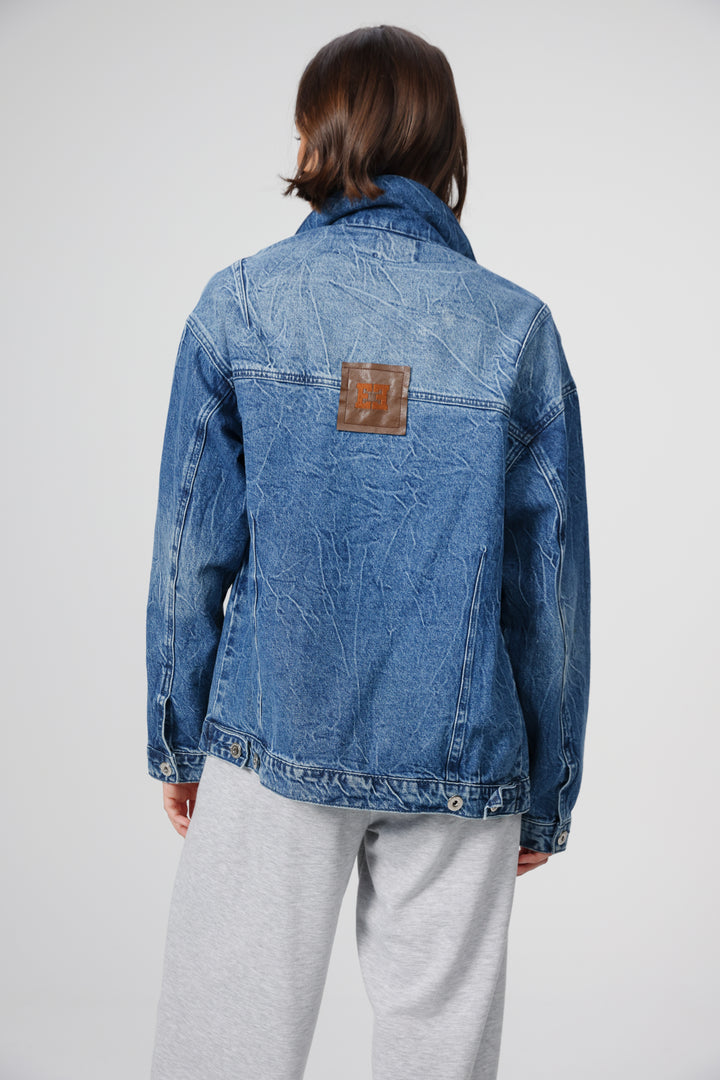 Faux Leather Mixed Blue Denim Jacket