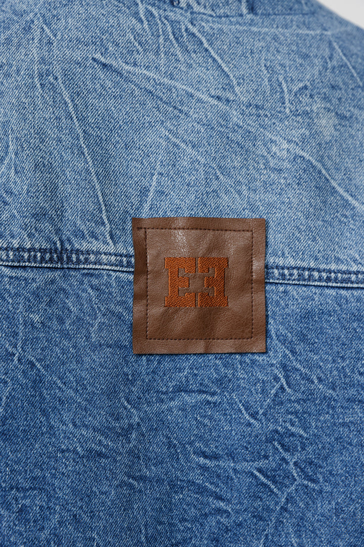 Faux Leather Mixed Blue Denim Jacket