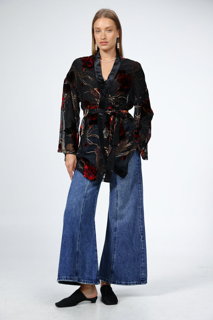 Black Floral Velvet Kimono