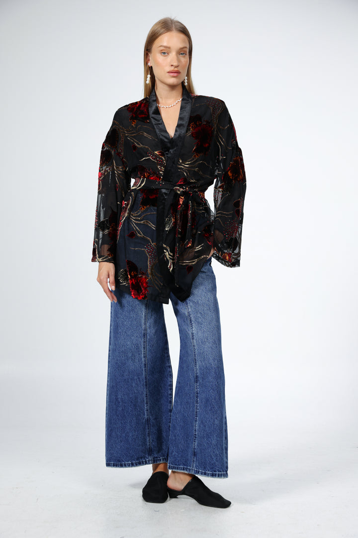 Black Floral Velvet Kimono