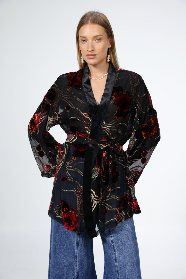 Black Floral Velvet Kimono