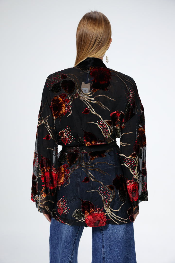 Black Floral Velvet Kimono