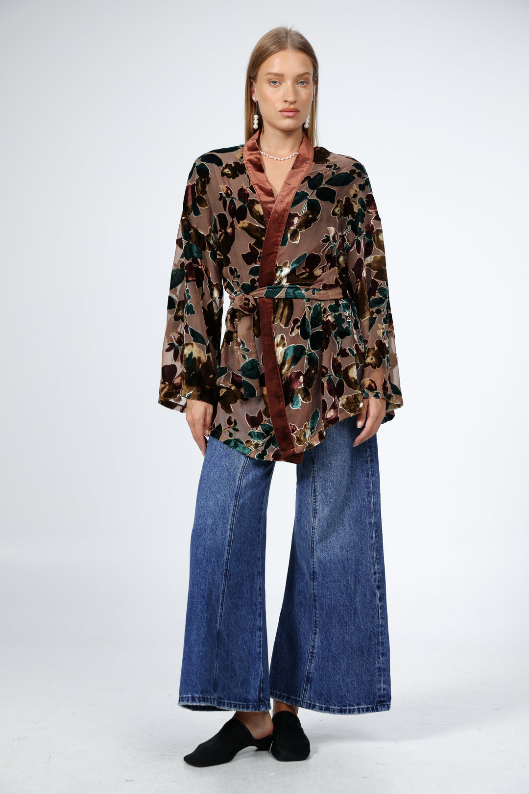 Brown Floral Velvet Kimono